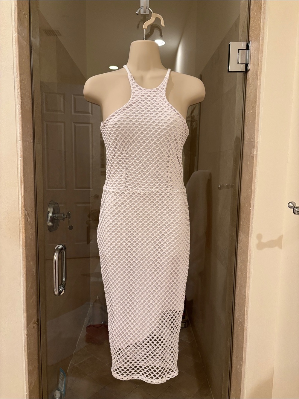 White Mesh Halter Midi Dress